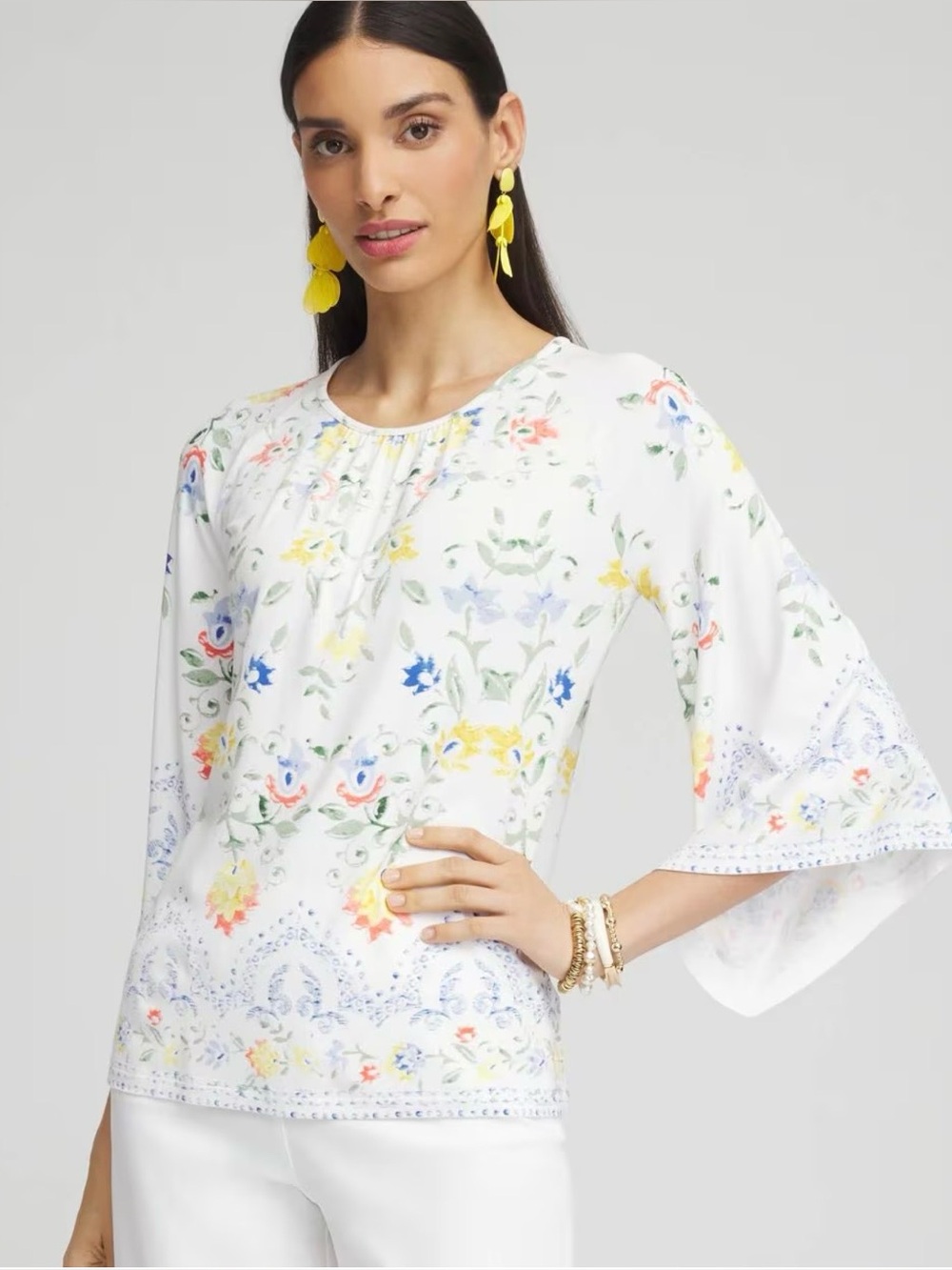 Chico's White Floral Bell Sleeve Top with Multicolor Blooms Medium/8